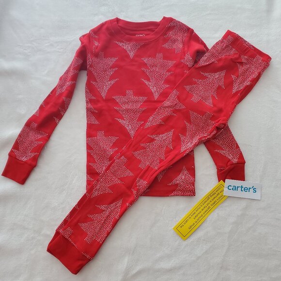 NEW Carters Kids Pajamas Set Red Christmas Trees Holidays Size 7 Boys Girls - Picture 1 of 2